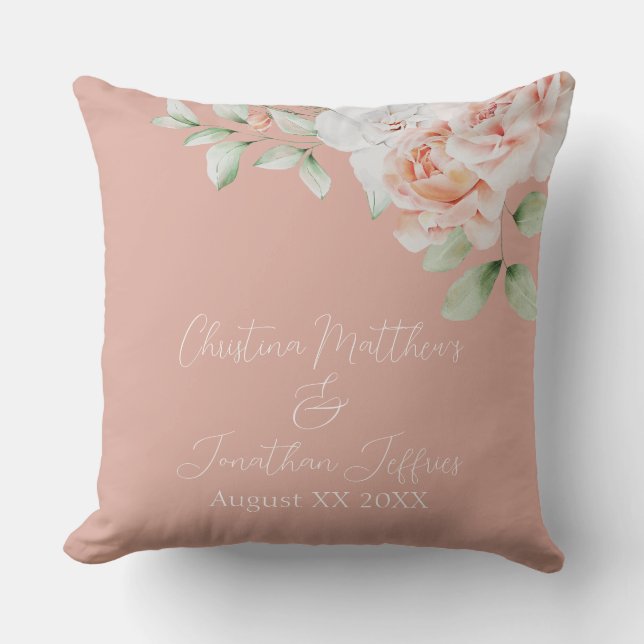 Romantic Peach and White Flowers Wedding Keepsake Cushion (Front)