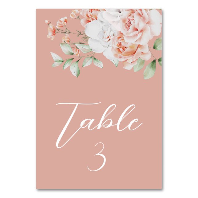 Romantic Peach and White Flowers Wedding Table Number (Front)