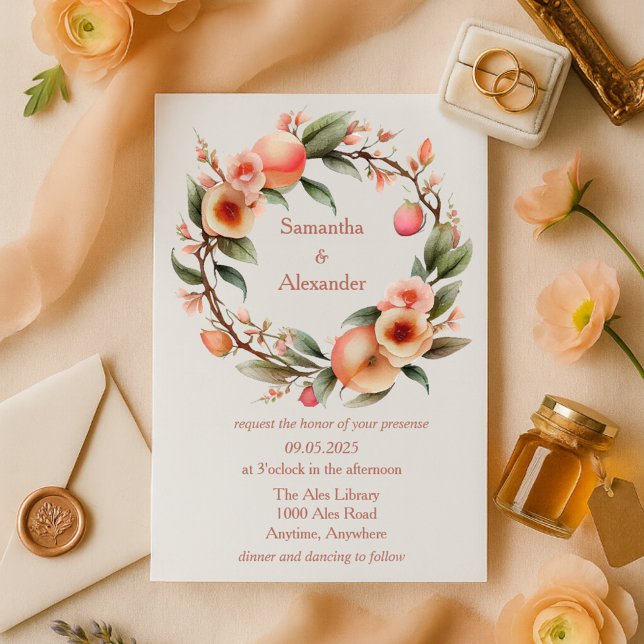 Romantic Peach Blossom Wreath Wedding Invitation (Creator Uploaded)