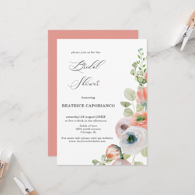 Romantic Peach Coral Floral Bridal Shower Card (Front/Back In Situ)