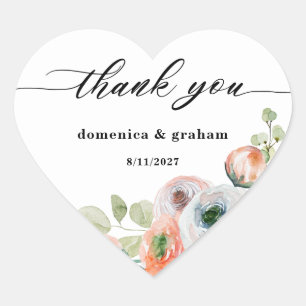 Romantic Peach Coral Floral Wedding   Heart Sticker