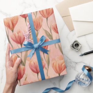 Romantic Peach Coral Tulip Watercolor Pattern Wrapping Paper