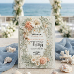Romantic Peach Floral Faux Embossed Wreath Wedding Invitation