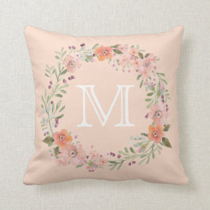 Romantic Peach Floral Monogram Cushion