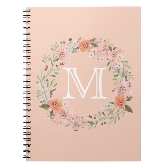 Romantic Peach Floral monogram Spiral Notebook (Front)