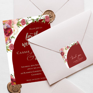 Romantic Peach Floral Red Arch Wedding Thank you Square Sticker