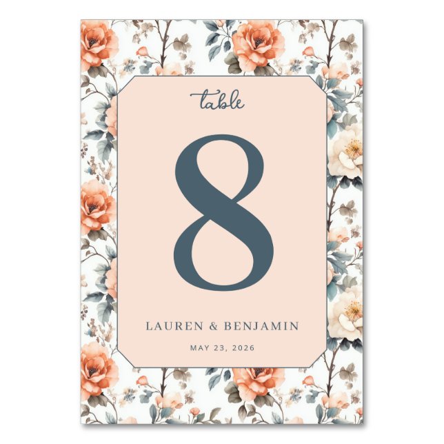 Romantic Peach Floral Table Number (Front)