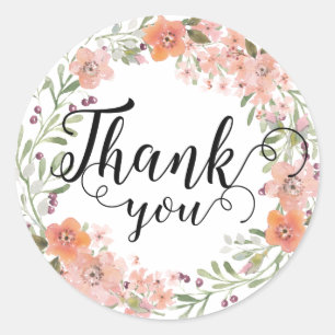 Romantic Peach Floral Thank You Classic Round Sticker