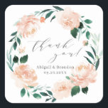 Romantic peach floral thank you wedding square sticker<br><div class="desc">Romantic watercolor floral in peach and green,  with trendy thank you script,  elegant and romantic,  great for modern wedding,  romantic wedding,  and botanical garden wedding in spring,  summer and fall.
See all the matching pieces in collection.</div>