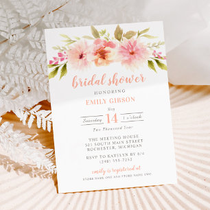 Romantic Peach Floral Watercolor Bridal Shower Invitation