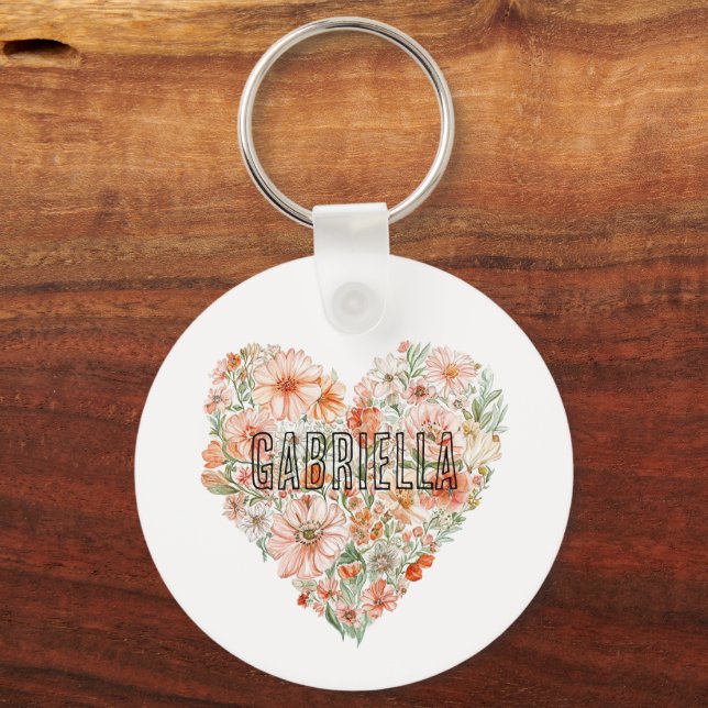 Romantic Peach Mint Floral Heart Key Ring (Front)