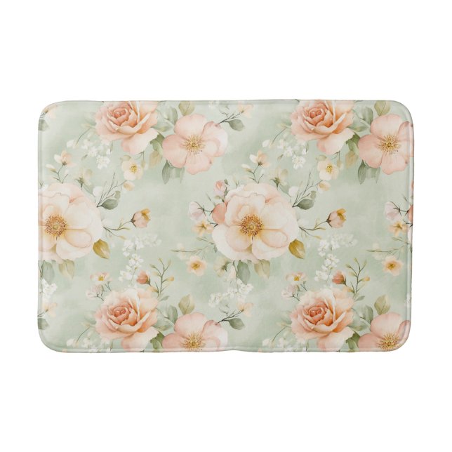 Romantic Peach Mint Pretty Roses Floral Bath Mat (Front)