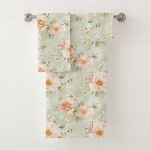 Romantic Peach Mint Pretty Roses Floral  Bath Towel Set