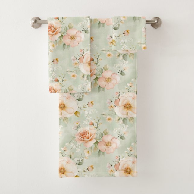 Romantic Peach Mint Pretty Roses Floral  Bath Towel Set (Insitu)