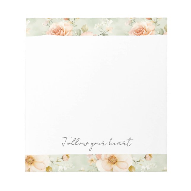 Romantic Peach Mint Pretty Roses Floral Notepad (Front)