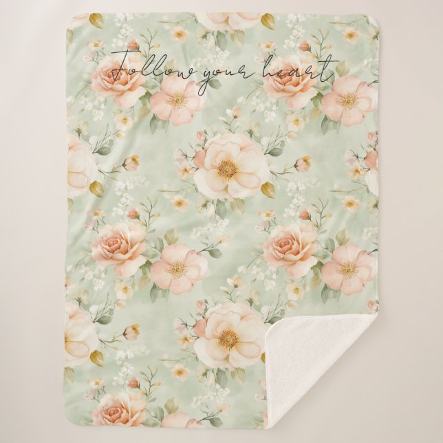 Romantic Peach Mint Pretty Roses Floral Sherpa Blanket (Front)