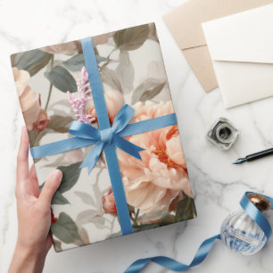 Romantic Peach Peony Ivory Floral Pattern Wrapping Paper