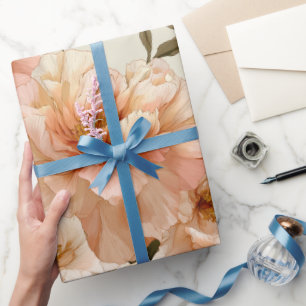 Romantic Peach Peony Ivory Floral Pattern Wrapping Paper