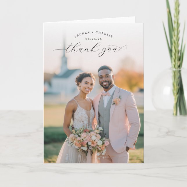 Romantic Peach Photo Thank You Card (Front)
