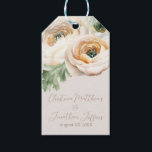 Romantic Peach Ranunculus on Ivory Gift Tags<br><div class="desc">These romantic floral gift tags feature an elegant ivory colour background with watercolor ranunculus flowers. A delicate bouquet of peach and white coloured ranunculus is pictured on the top. The names of a sample newlywed couple and wedding date are printed below. You can personalise the gift tags to include your...</div>