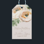 Romantic Peach Ranunculus on Ivory Gift Tags<br><div class="desc">These romantic floral gift tags feature an elegant ivory colour background with watercolor ranunculus flowers. A delicate bouquet of peach and white coloured ranunculus is pictured on the top. The names of a sample newlywed couple and wedding date are printed below. You can personalise the gift tags to include your...</div>