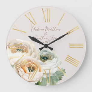 Romantic Peach Ranunculus on Ivory Large Clock