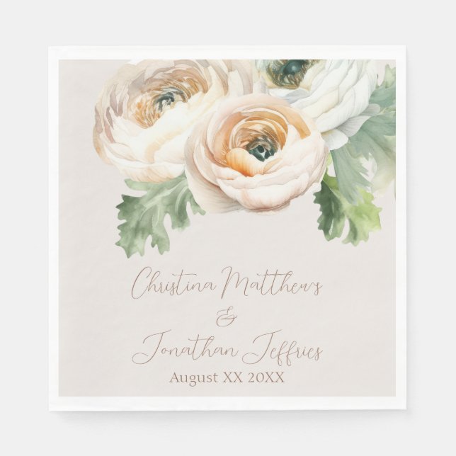 Romantic Peach Ranunculus on Ivory Napkin (Front)