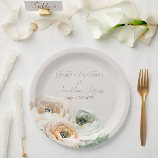 Romantic Peach Ranunculus on Ivory Paper Plate (Wedding)