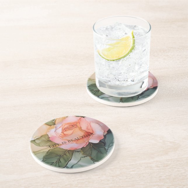 Romantic Peach Rose Floral Bridal Shower Coaster (Side)