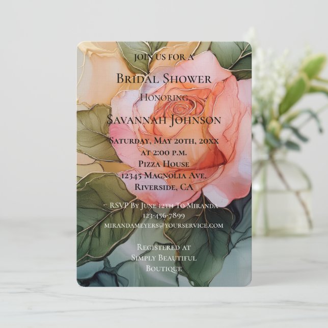 Romantic Peach Rose Floral Bridal Shower Invitation (Standing Front)