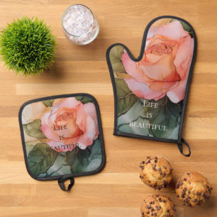 Romantic Peach Rose Floral Bridal Shower Oven Mitt & Pot Holder Set