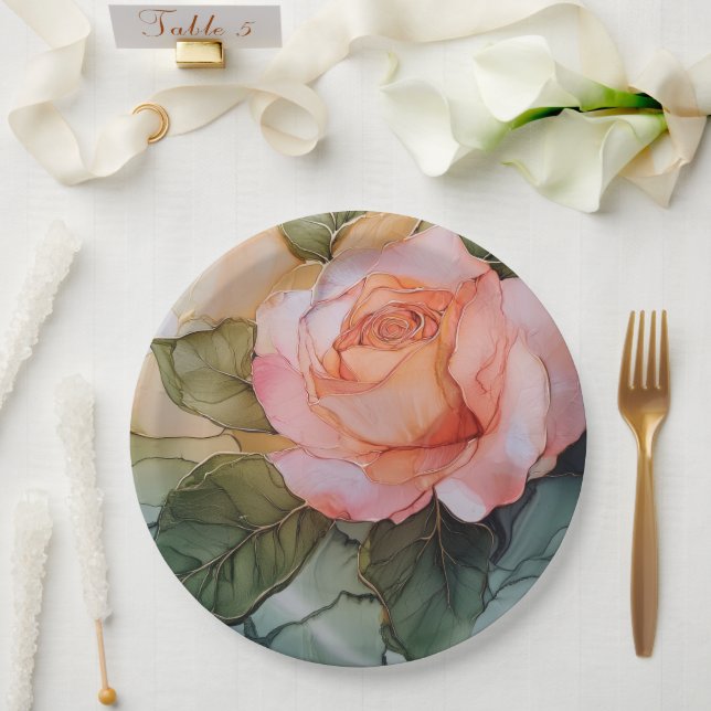 Romantic Peach Rose Floral Bridal Shower Paper Plate (Wedding)