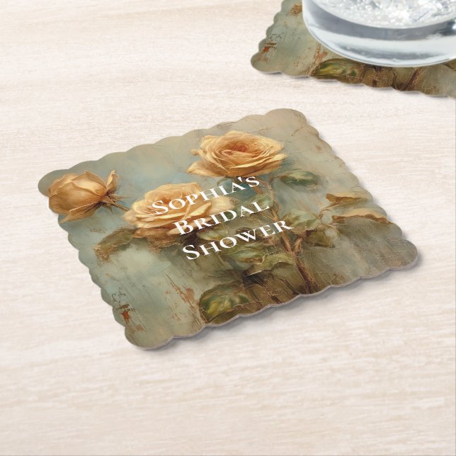 Romantic Peach Roses Floral Bridal Shower Paper Coaster (Angled)