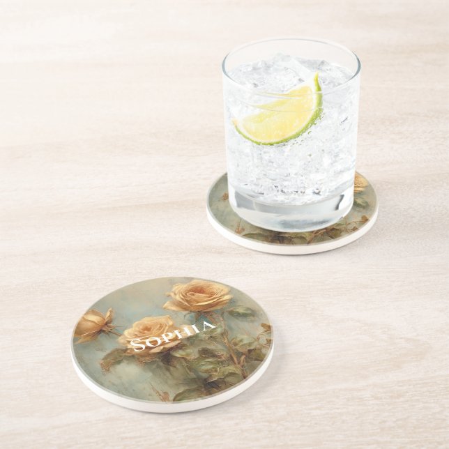 Romantic Peach Roses Floral  Coaster (Side)