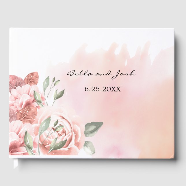 Romantic Peach Roses Floral Wedding Guest Book (Front)
