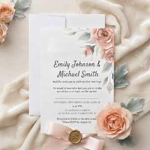 Romantic Peach Watercolor Roses Wedding Invitation