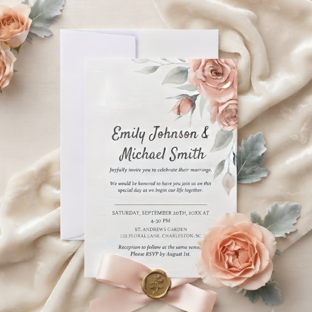Romantic Peach Watercolor Roses Wedding Invitation (Creator Uploaded)