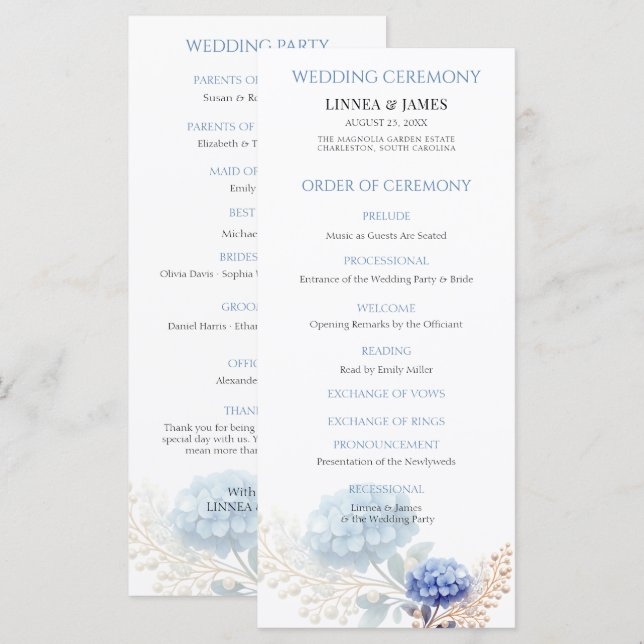 Romantic Pearl Blue Hydrangea Watercolor Wedding Programme (Front/Back)