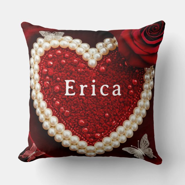 Romantic Pearl Heart Rose Pillow Design ❤️ (Front)
