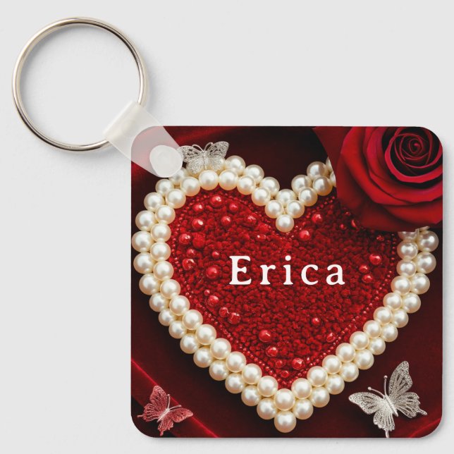 Romantic Pearl Heart Rose Pillow Design ❤️ Key Ring (Front)