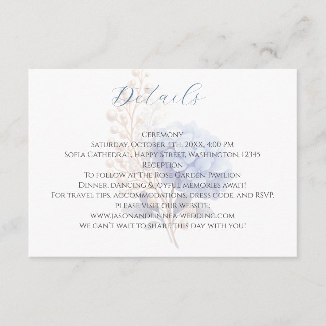 Romantic Pearl Hydrangea Blue Waterercolor Wedding Enclosure Card (Front)