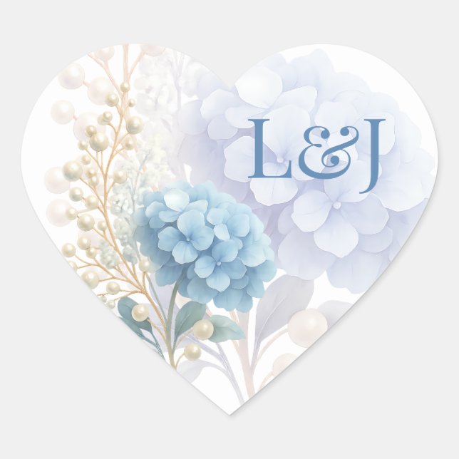 Romantic Pearl Hydrangea Blue Waterercolor Wedding Heart Sticker (Front)