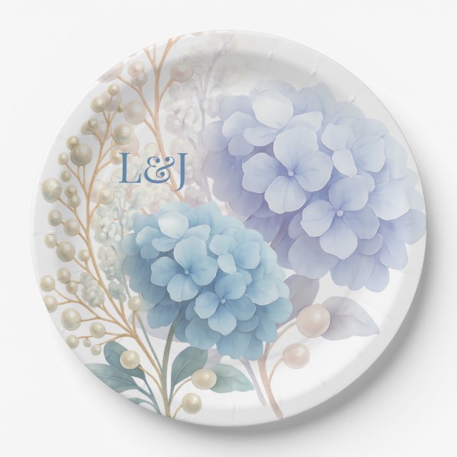 Romantic Pearl Hydrangea Blue Waterercolor Wedding Paper Plate (Front)