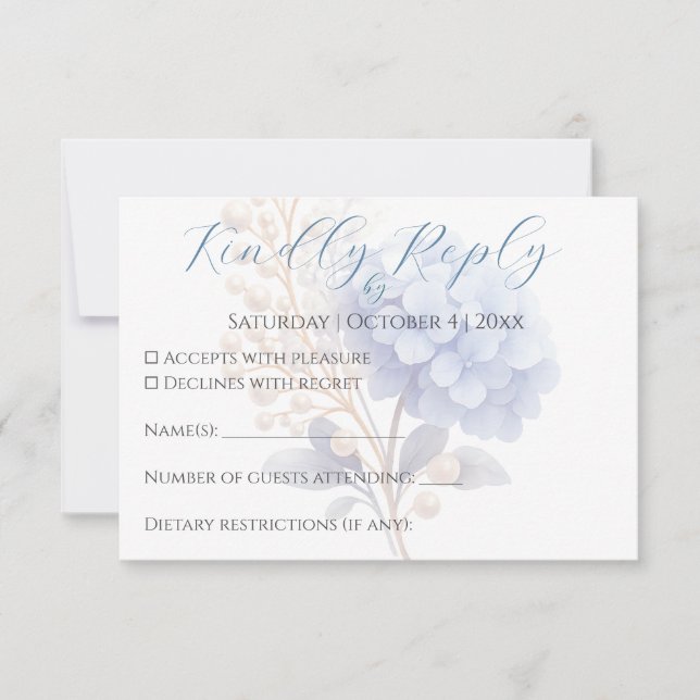 Romantic Pearl Hydrangea Blue Waterercolor Wedding RSVP Card (Front)
