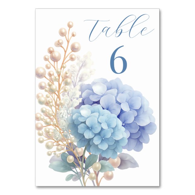 Romantic Pearl Hydrangea Blue Waterercolor Wedding Table Number (Front)