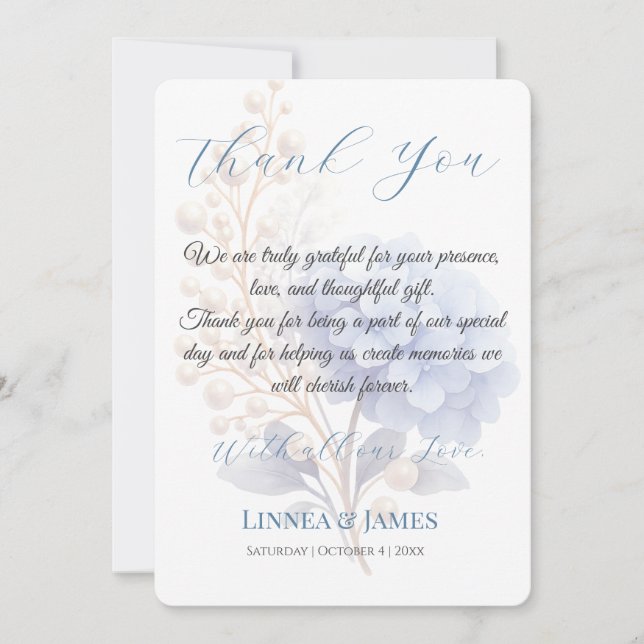 Romantic Pearl Hydrangea Blue Waterercolor Wedding Thank You Card (Front)