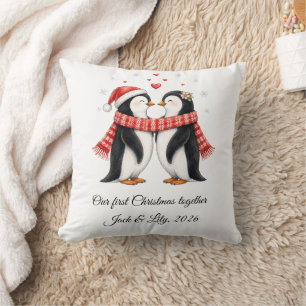 Romantic Penguins Couple Personalised Christmas Cushion
