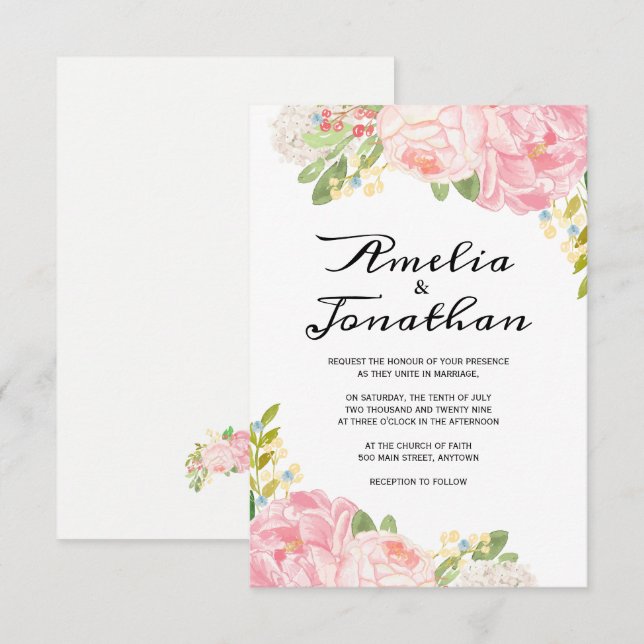 Romantic Peonies and Hydrangea Wedding Invitations (Front/Back)