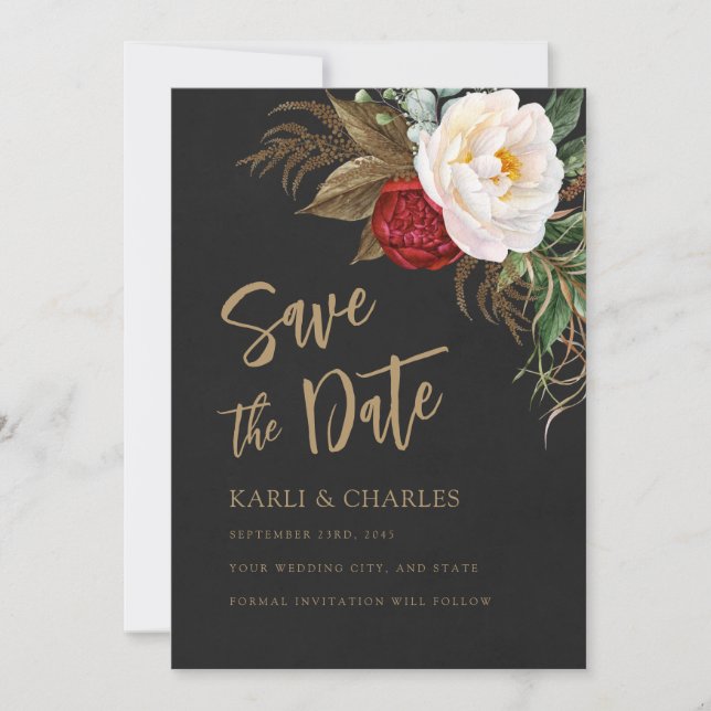Romantic Peonies Black & Gold Boho Script Save The Date (Front)