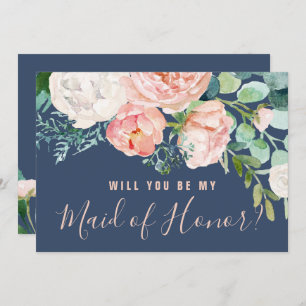 Romantic Peonies Blue Maid Of Honour Proposal Invitation